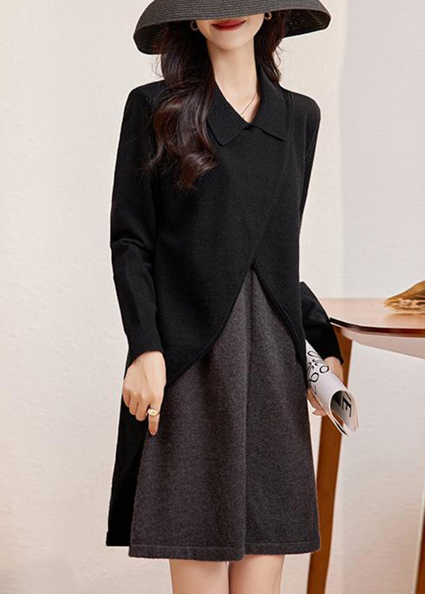 Loose Coffee Peter Pan Collar Patchwork Woolen Sweater Dress Winter