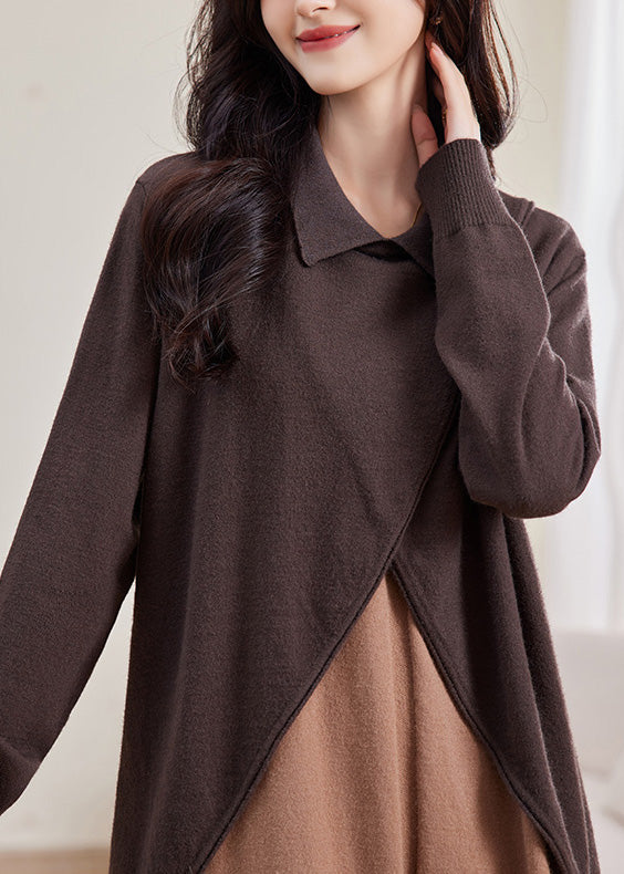 Loose Coffee Peter Pan Collar Patchwork Woolen Sweater Dress Winter