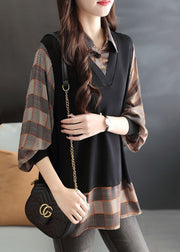 Loose Coffee Peter Pan Collar Plaid Fake Two Pieces Shirt Spring