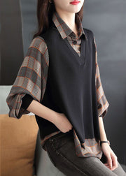 Loose Coffee Peter Pan Collar Plaid Fake Two Pieces Shirt Spring