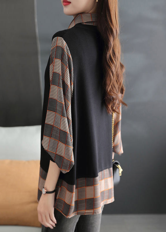 Loose Coffee Peter Pan Collar Plaid Fake Two Pieces Shirt Spring