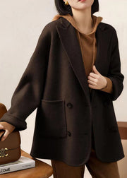 Loose Coffee Peter Pan Collar Pockets Patchwork Woolen Coats Winter