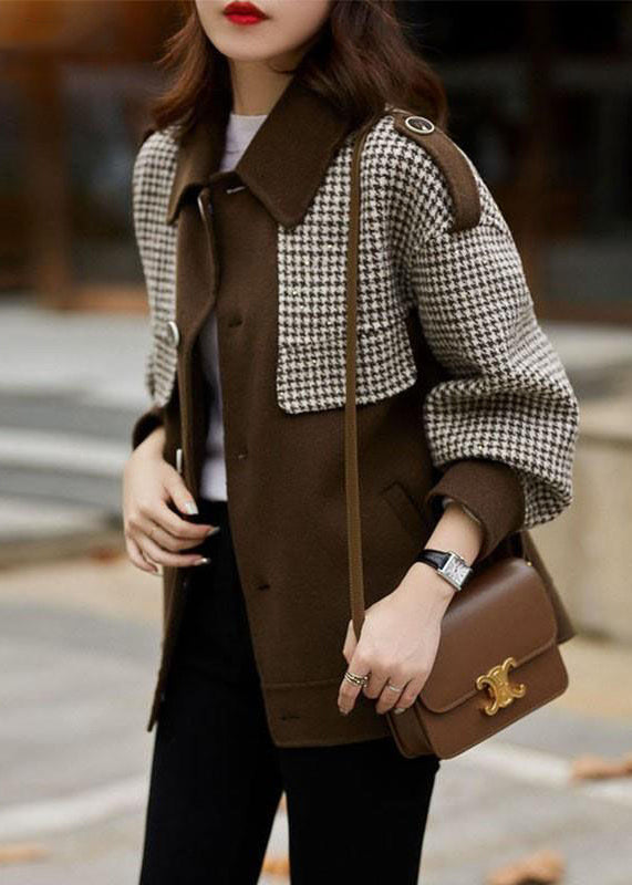 Loose Coffee Plaid Button Patchwork Cotton Coats Fall