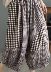 Loose Coffee Plaid Pockets Patchwork Cotton Lantern Pants Summer