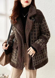 Loose Coffee Plaid Zip Up Patchwork Teddy Faux Fur Coat Winter