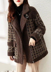 Loose Coffee Plaid Zip Up Patchwork Teddy Faux Fur Coat Winter