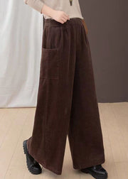 Loose Coffee Pockets Elastic Waist Corduroy Wide Leg Pants Spring