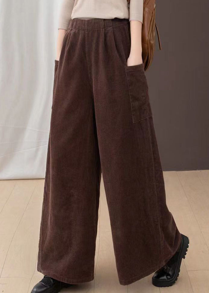 Loose Coffee Pockets Elastic Waist Corduroy Wide Leg Pants Spring