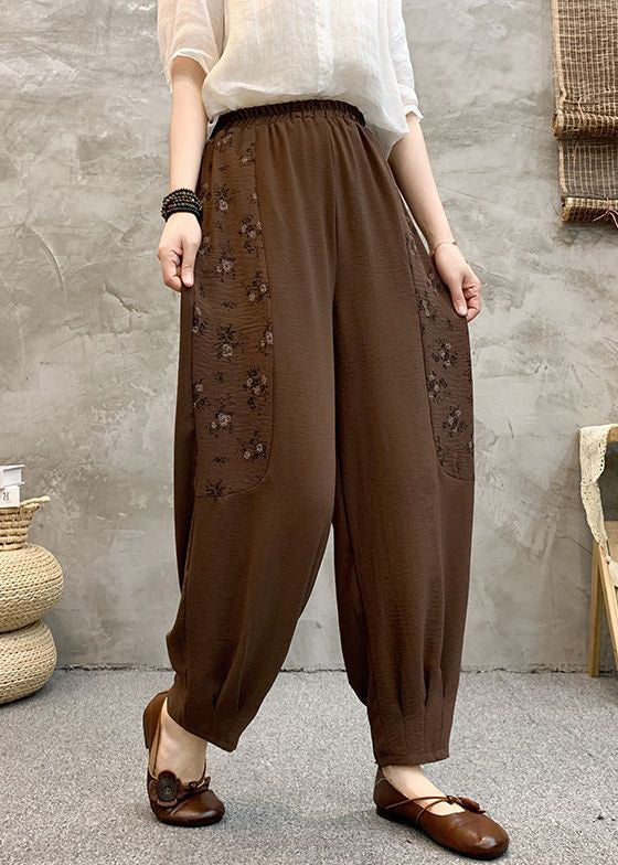 Loose Coffee Pockets Elastic Waist Cotton Crop Pants Summer