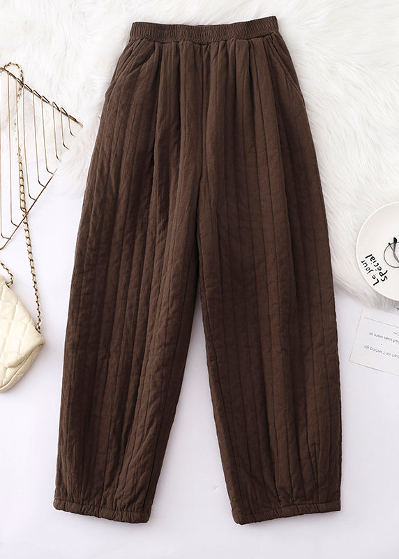 Loose Coffee Pockets Elastic Waist Fine Cotton Filled Pants Winter