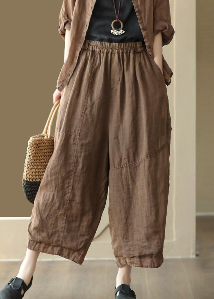 Loose Coffee Pockets Elastic Waist Linen Crop Pants Summer