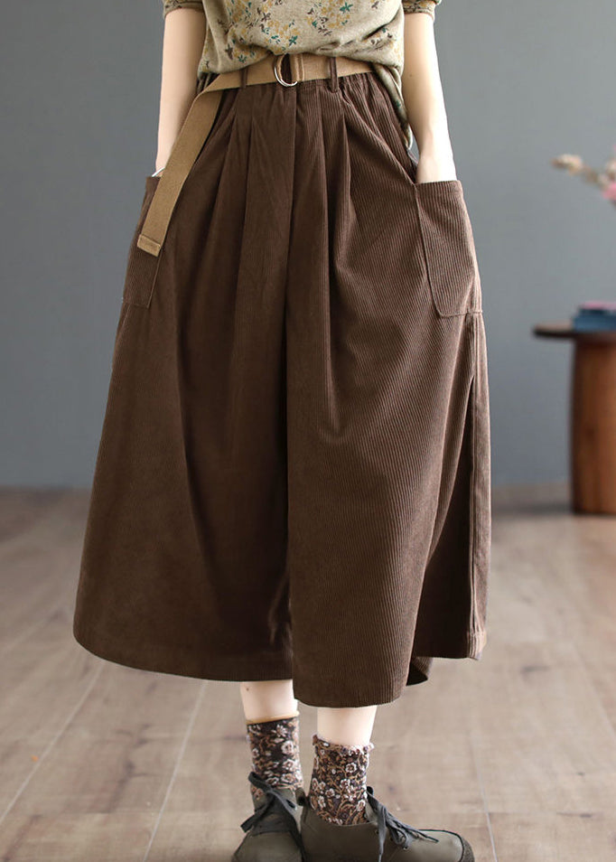 Loose Coffee Pockets Patchwork Corduroy Wide Leg Pants Fall