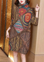 Loose Coffee Print Patchwork Cozy Mink Hair Knitted Mid Dress Fall