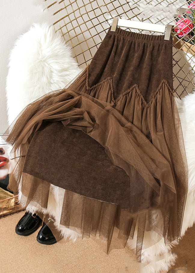 Loose Coffee Ruffled Elastic Waist Patchwork Tulle Skirts Spring