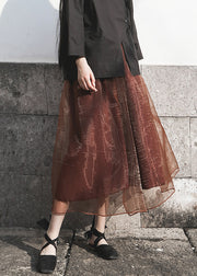 Loose Coffee Ruffled Elastic Waist Tulle Skirt Spring