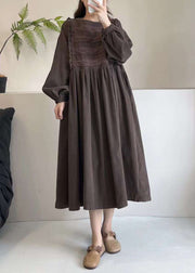 Loose Coffee Ruffled Lace Patchwork Corduroy Dresses Spring