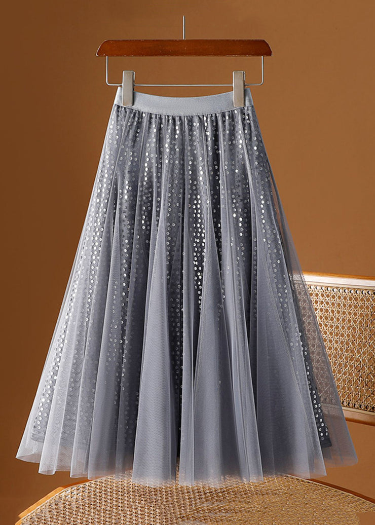 Loose Coffee Sequins Elastic Waist Tulle Skirt Spring