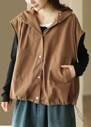 Loose Coffee Solid Button Drawstring Cotton Waistcoat Sleeveless