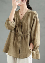 Loose Coffee Solid Button Linen Shirt Bracelet Sleeve