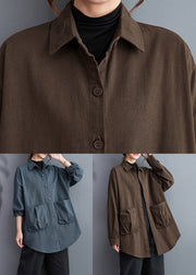 Loose Coffee Solid Pockets Cotton Shirts Long Sleeve