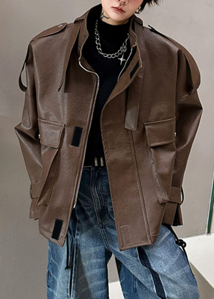 Loose Coffee Stand Collar Pockets Faux Leather Men Coat Spring