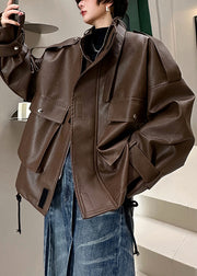 Loose Coffee Stand Collar Pockets Faux Leather Men Coat Spring