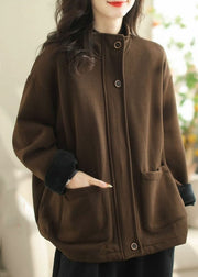 Loose Coffee Stand Collar Pockets Warm Fleece Coats Spring