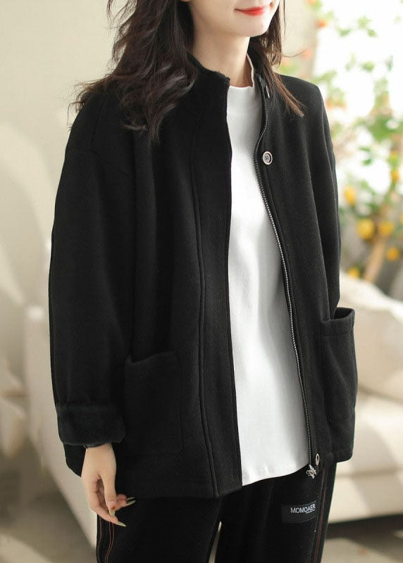 Loose Coffee Stand Collar Pockets Warm Fleece Coats Spring