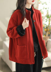 Loose Coffee Stand Collar Pockets Warm Fleece Coats Spring