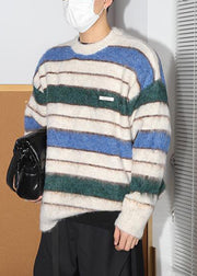 Loose Coffee Striped Thick Cotton Knit Men Sweaters Winter