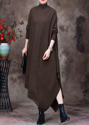 Loose Chocolate Turtleneck Asymmetrical Knit Dresses Long Sleeve