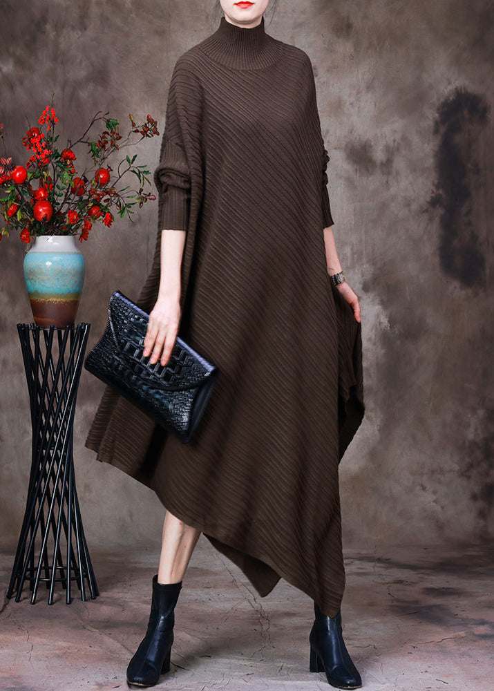 Loose Chocolate Turtleneck Asymmetrical Knit Dresses Long Sleeve