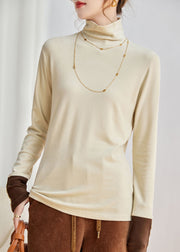 Loose Coffee Turtleneck Patchwork Top Long Sleeve