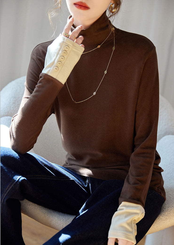 Loose Coffee Turtleneck Patchwork Top Long Sleeve