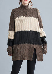 Loose Coffee Turtleneck Side Open Patchwork Cotton Knit Sweaters Winter