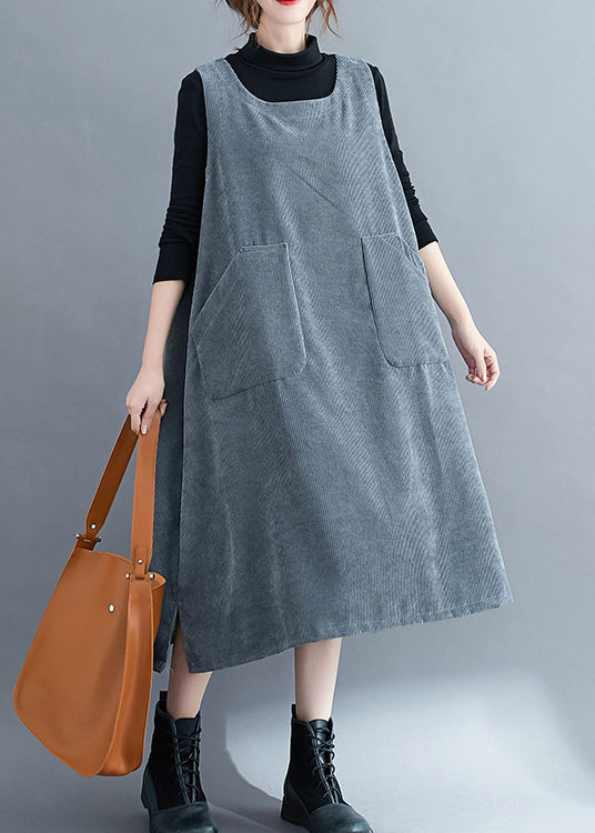 Loose Coffee U Neck Pockets Corduroy Strap Dress Spring