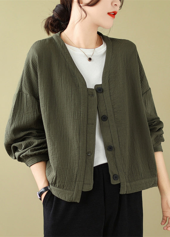 Loose Coffee V Neck Button Patchwork Cotton Coats Batwing Sleeve