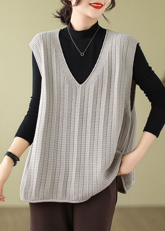 Loose Coffee V Neck Solid Cozy Knit Waistcoat Fall