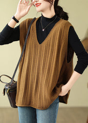 Loose Coffee V Neck Solid Cozy Knit Waistcoat Fall