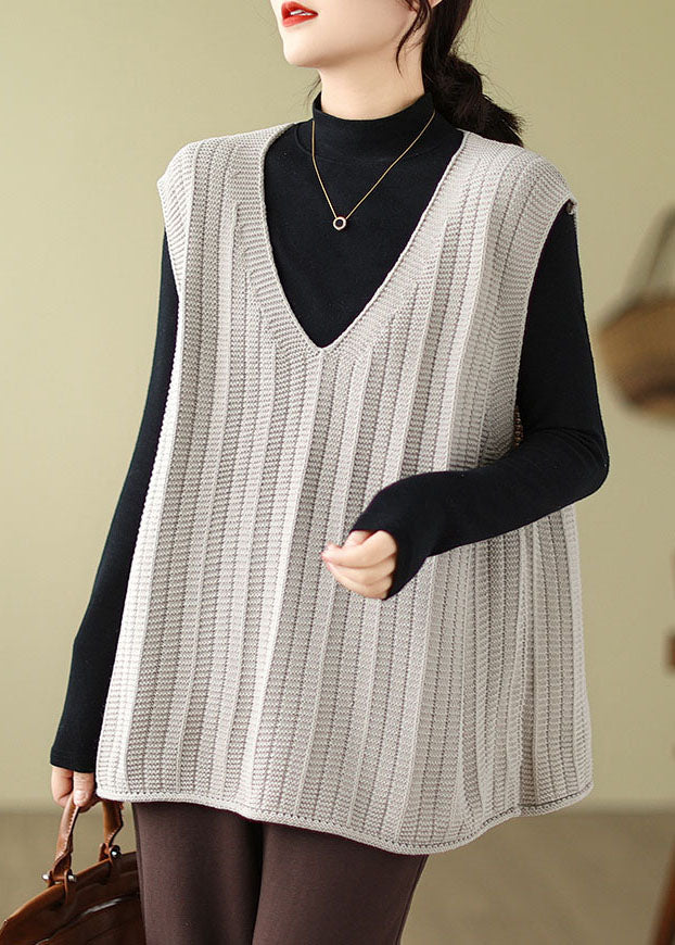 Loose Coffee V Neck Solid Cozy Knit Waistcoat Fall