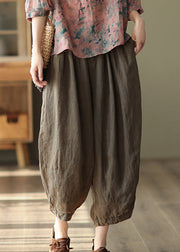 Loose Coffee Wrinkled Elastic Waist Linen Crop Pants Summer