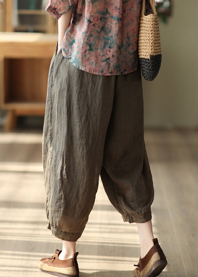 Loose Coffee Wrinkled Elastic Waist Linen Crop Pants Summer