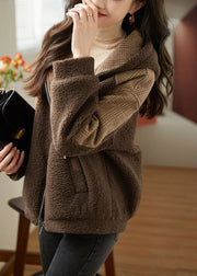 Loose Coffee Zippered Plaid Patchwork Faux Fur Hoodie Coat Fall