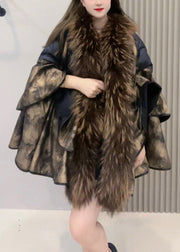 Loose Colorblock Fur Collar Duck Down Patchwork Leather And Fur Coats Winter