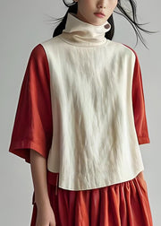 Loose Colorblock Hign Neck Plus Size Cotton Top Half Sleeve