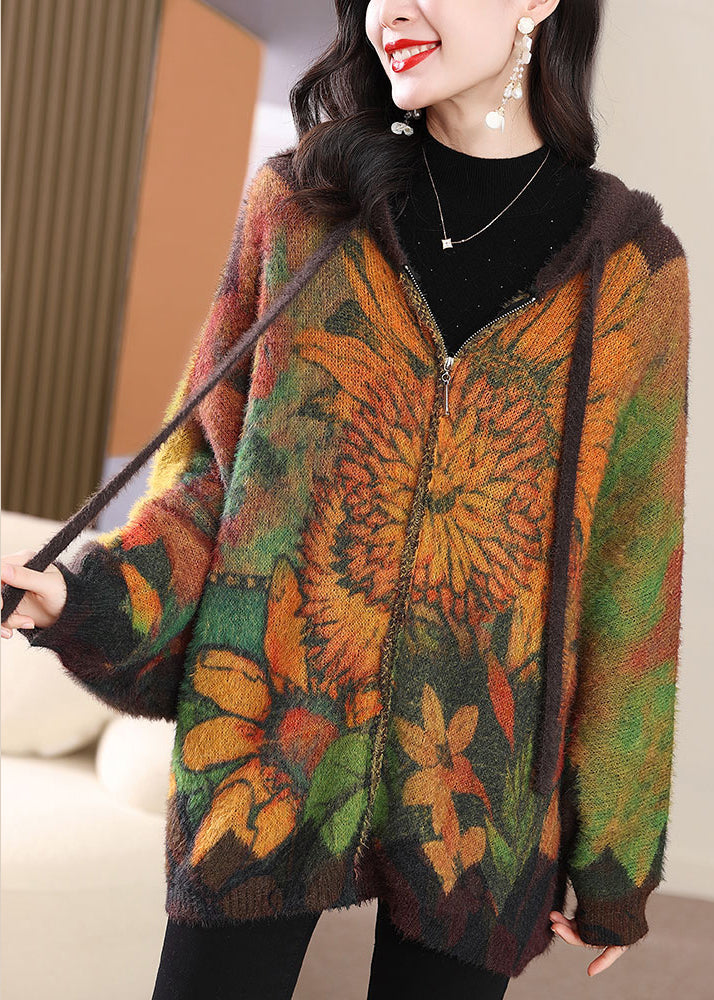 Loose Colorblock Hooded Zippered Mink Velvet Coat Long Sleeve