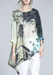 Loose Colorblock O-Neck Asymmetrical Print Silk Batwing Shirt Tops Summer