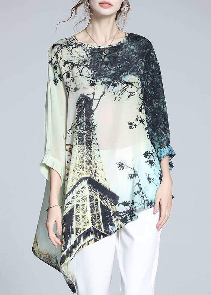 Loose Colorblock O-Neck Asymmetrical Print Silk Batwing Shirt Tops Summer