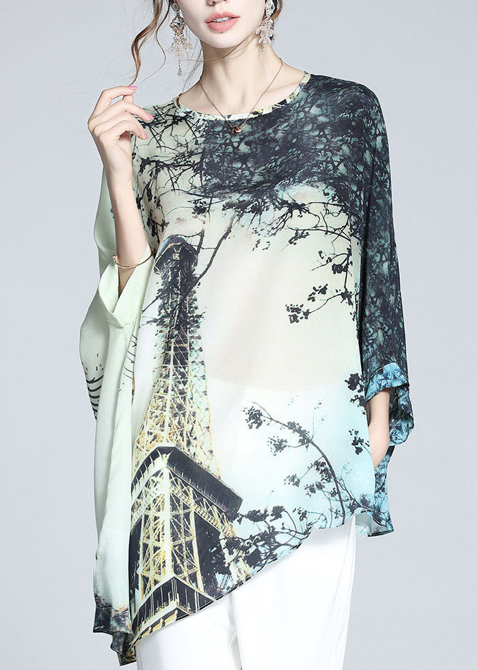 Loose Colorblock O-Neck Asymmetrical Print Silk Batwing Shirt Tops Summer