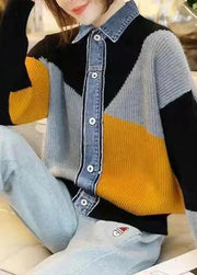 Loose Colorblock Peter Pan Collar Patchwork Knit Cardigans Fall